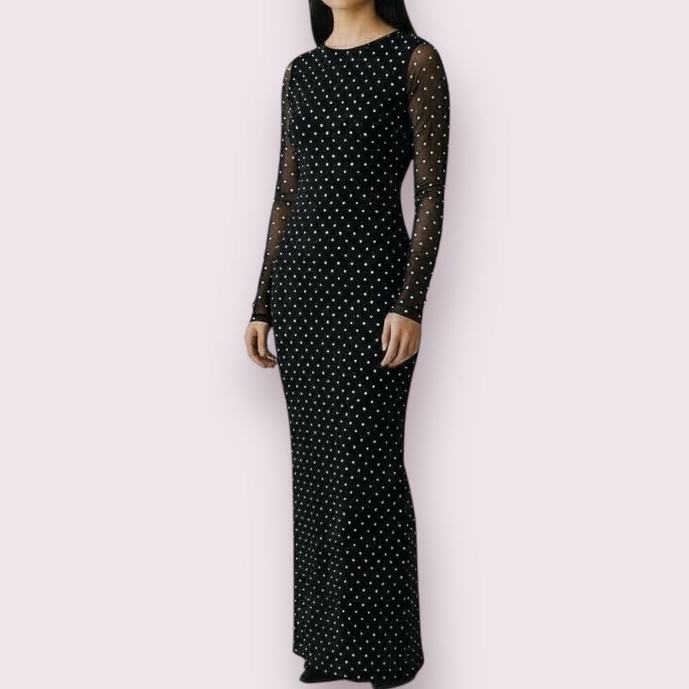 AFRM Black Polka Dot Mesh Sleeve Maxi Dress